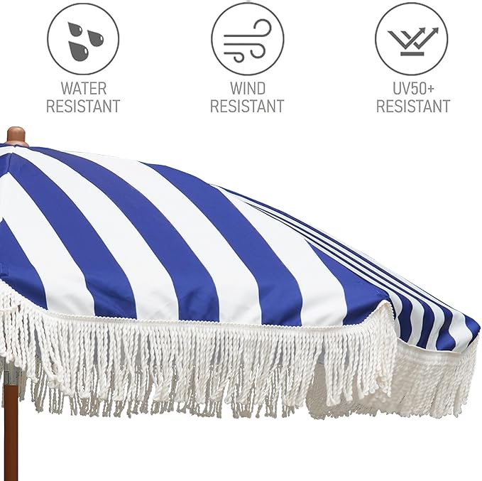 AMMSUN 7ft Patio Umbrella with Fringe Outdoor Tassel Umbrella UPF50+ Wood Color Steel Pole and Steel Ribs Push Button Tilt, Navy Stripe - Image 2