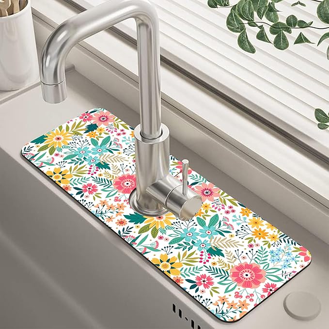 Colorful Floral Leaves Berries Kitchen Sink Splash Guard Mat Absorbent Fast by Unknown