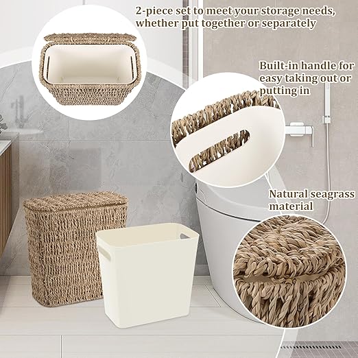 Wicker Waste Basket with Lid and Liner, Woven Seagrass Trash Can, Bathroom - Image 4