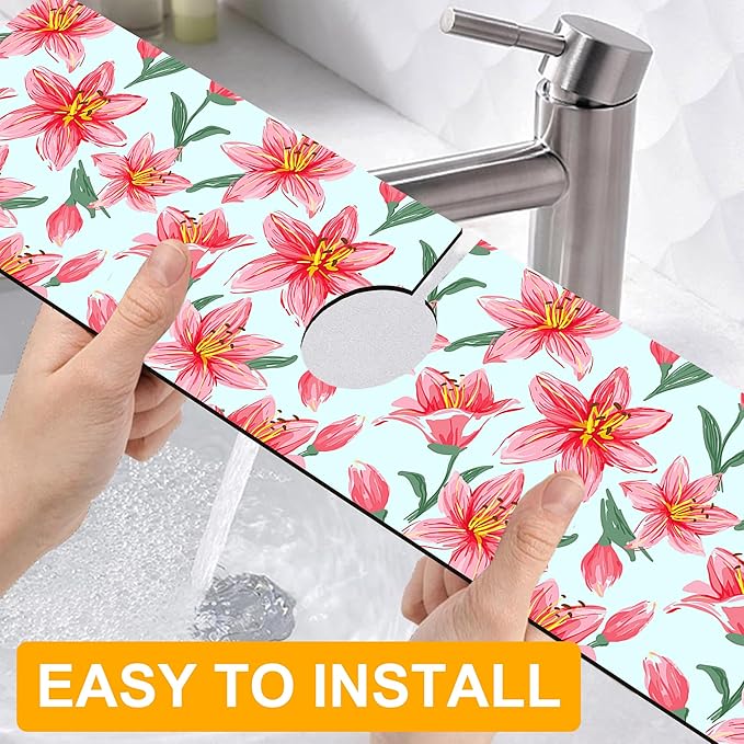 2 Pack Vintage Flowers Leaves Sink Faucet Absorbing Mat Colorful Llilies Super - Image 4