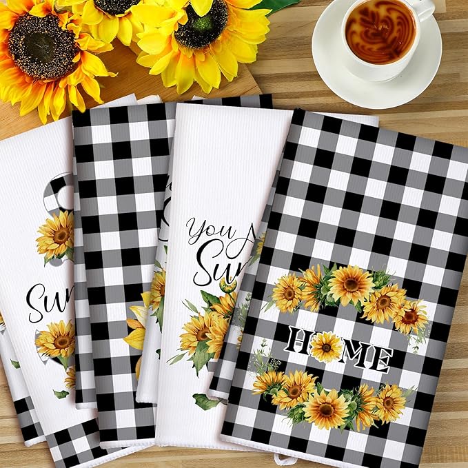 Bencailor 4 Pcs Sunflower Kitchen Towels Flower Hand Dish Towels Black and - Image 6