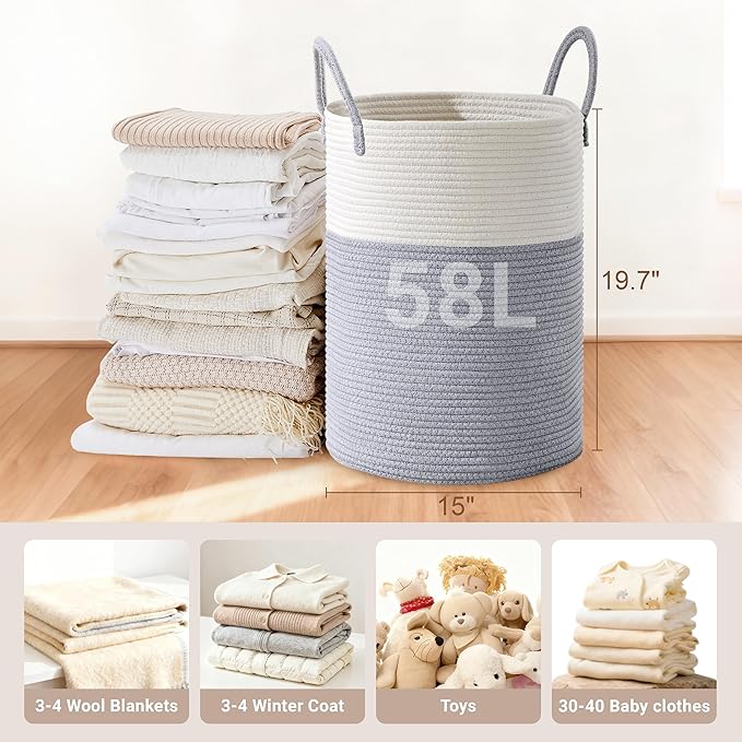 Tall Laundry Basket with Handles, 58L Portable Dirty Clothes Hamper, Boho - Image 2