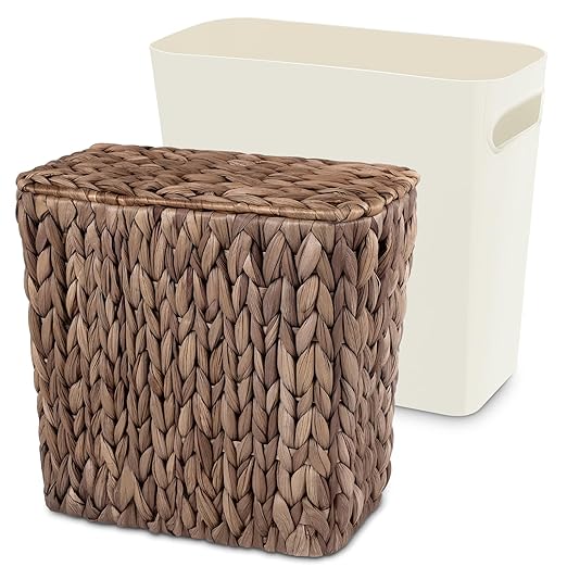 Wicker Trash Can with Lid and Liner, Handwoven Wicker Waste Basket, Water by Unknown