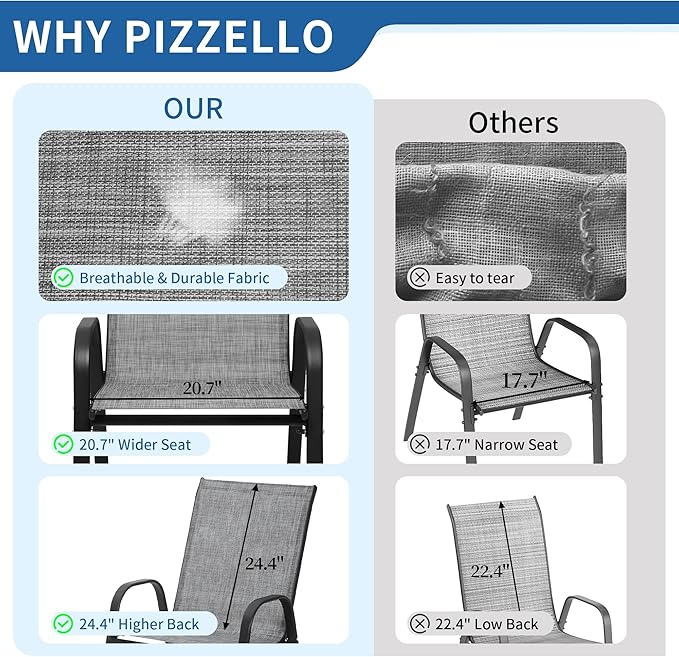 PIZZELLO Patio Chairs Set of 4, Outdoor Stackable Dining Chairs for All Weather, Lightweight Textilene Outdoor Chair Sets with Armrests, 330Lbs Capacity, for Backyard Porch Poolside Garden (Grey) - Image 4