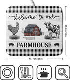 Farmhouse Barn Dish Drying Mat 16x18 Inch Cow Rooster Absorbent Microfiber Dish - Image 2