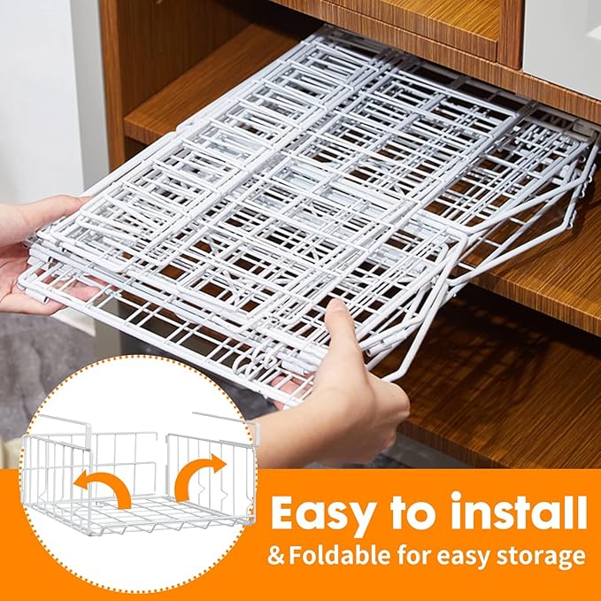 Hanging Under Shelf Storage Basket, 4 Pack Foldable Under Cabinet Metal Desk - Image 3