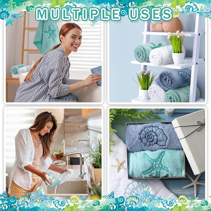 3 Pack Coastal Hand Towels for Bathroom 100% Cotton Embroidered Beach Bathroom - Image 6