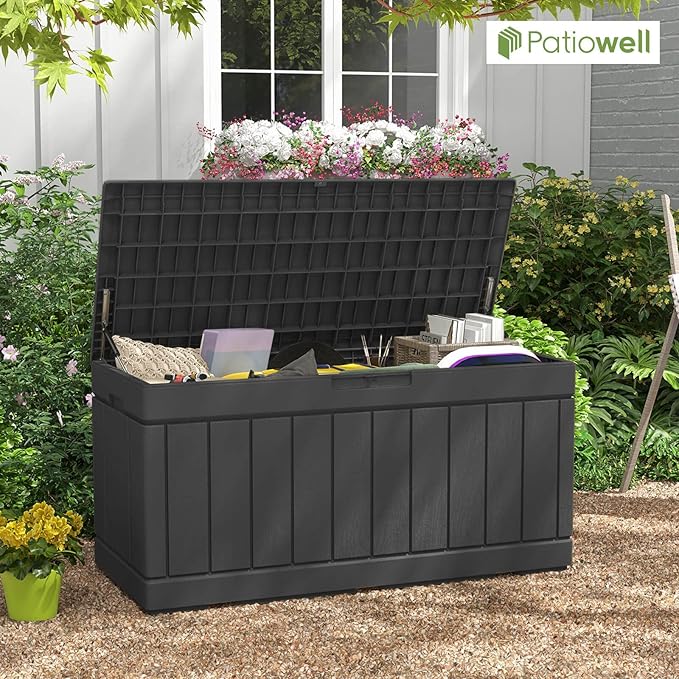 Patiowell 82 Gallon Resin Deck Box, Waterproof Large Wood Look Storage Box for Patio Furniture, Pool Accessories, Garden Tools and Sports Equipment, Lockable, Black - Image 2