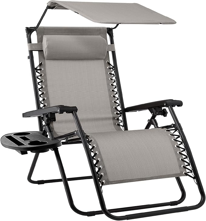 Best Choice Products Folding Zero Gravity Outdoor Recliner Patio Lounge Chair w/Adjustable Canopy Shade, Headrest, Side Accessory Tray, Textilene Mesh - Ice Gray by BestChoiceProducts
