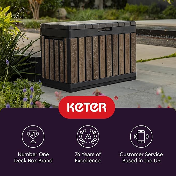Keter Signature Everwood 50 Gallon Resin Deck Box for Outdoor Storage – Weather‑Resistant Balcony & Patio Box for Cushions, Throw Pillows & Garden Tools, Walnut - Image 7