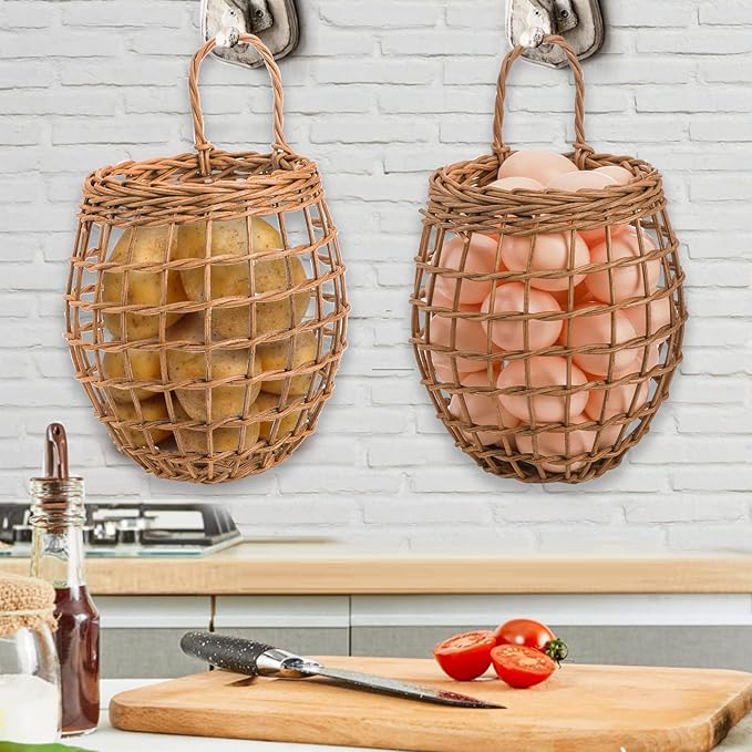 Elsjoy Set of 2 Hanging Onion Basket, Wall Mount Small Wicker Baskets - Image 6