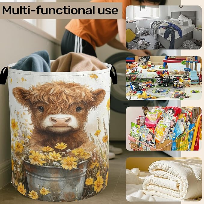 Cute Highland Cow Flower Foldable Canvas Laundry Basket - Image 6