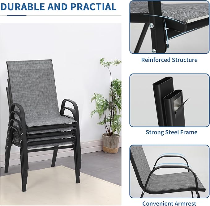 PIZZELLO Patio Chairs Set of 4, Outdoor Stackable Dining Chairs for All Weather, Lightweight Textilene Outdoor Chair Sets with Armrests, 330Lbs Capacity, for Backyard Porch Poolside Garden (Grey) - Image 7