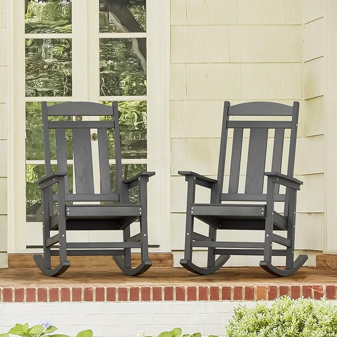 LUE BONA Outdoor Rocking Chairs Set of 2, Weather Resistant HDPS Poly Rocker Chairs, 350lb Heavy Duty, Oversized Porch Rocker for Adult, High Back Smooth Rocking Chairs for Outdoor & Indoor, Gray - Image 3