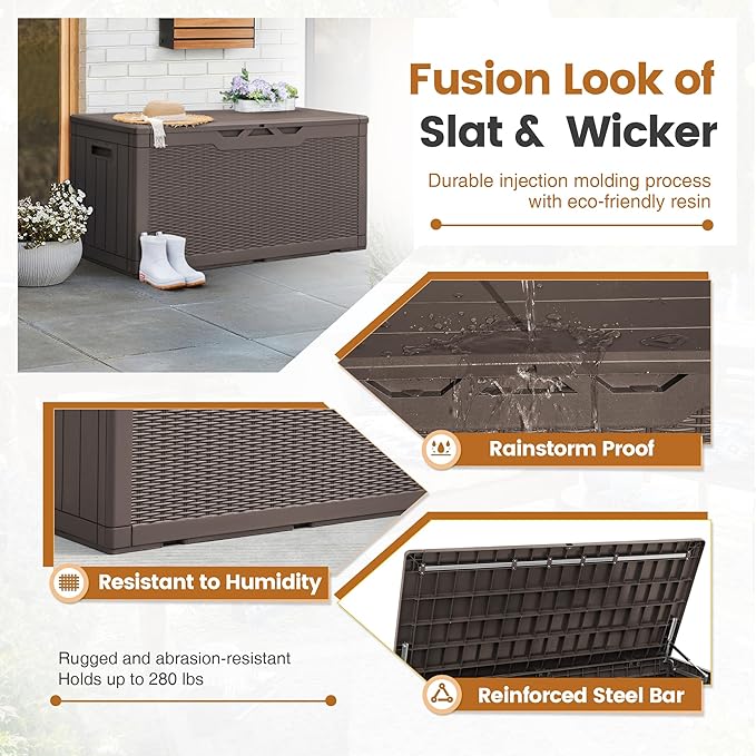 Greesum 100 Gallon Resin Patio Storage Box for Garden Tools, Outdoor Furniture Cushions, Pool Supplies, Dark Brown - Image 5