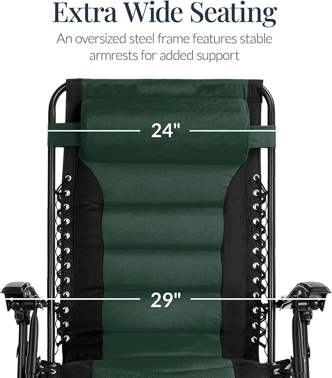 Best Choice Products Oversized Padded Zero Gravity Chair, Folding Outdoor Patio Recliner, XL Anti Gravity Lounger for Backyard w/Headrest, Cup Holder, Side Tray, Polyester Mesh - Forest Green - Image 4