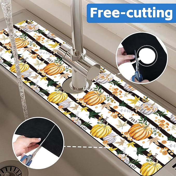 Thanksgiving Sink Faucet Absorbing Mat Autumn Pumpkin Floral Absorbent Fast - Image 7