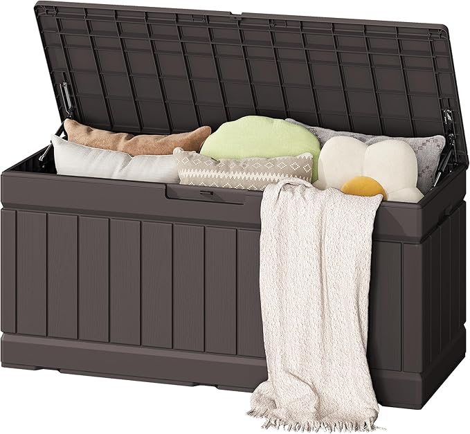 Flamaker Outdoor Storage Box 80 Gallon Resin Waterproof Deck Box Delivery Box with Wood Texture Large Storage Bin for Patio Cushions (Brown) by Flamaker