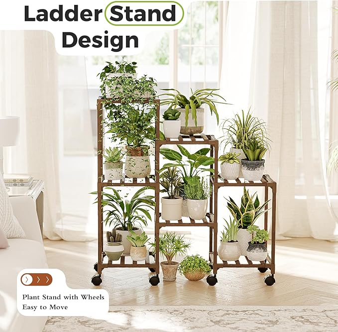 Bamworld Plant Stand with Wheels for Indoor Plants Wood Outdoor Tiered Shelf 3 Tire 7 Potted Ladder Plant Holder Table Pot Stand for Window Garden Balcony Patio Living Room (natureDL) - Image 2
