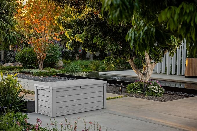 Keter Westwood 150 Gallon Resin Large Outdoor Storage Box for Patio Furniture, Outdoor Cushions, Garden Tools and Pool Floats, Light Grey - Image 2