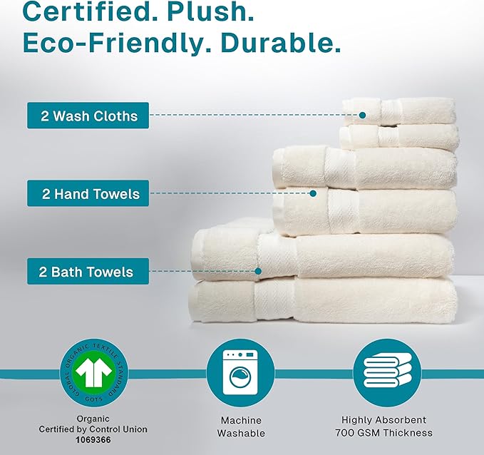 Fabdreams 100% Organic Cotton Bath Towel Set of 6 700 GSM Hotel Premium Plush - Image 3