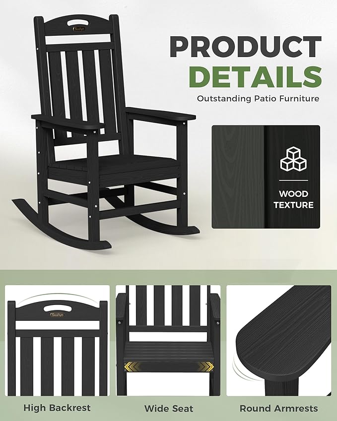 Oversized Outdoor Rocking Chairs Set of 2, High Back Porch Rocking Chair, HDPE All Weather Resistant Rocking Chairs for Patio, 380lbs Weight Capacity, Black - Image 6