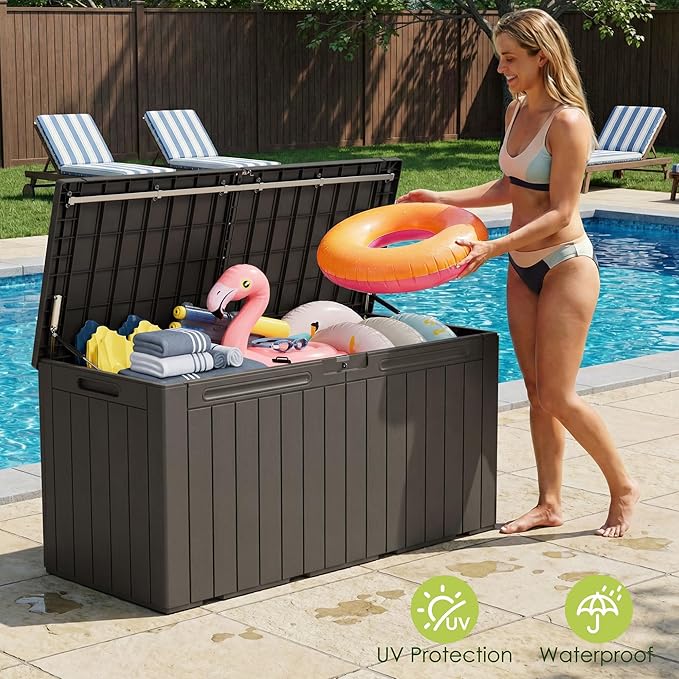 Devoko 100 Gallon Outdoor Storage Box, Waterproof Resin Deck Box for Patio Furniture, Lockable Container for Garden Cushions & Pool Supplies (Brown, 100 Gallon) - Image 3