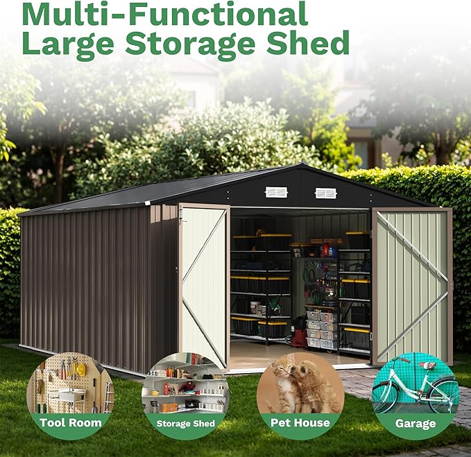 Patiowell 10x14 FT Outdoor Storage Shed, Large Metal Garden Shed with Lockable Door and Sloping Roof, Outside Steel Utility Tool Sheds for Backyard Lawn Garden Patio, Brown - Image 5