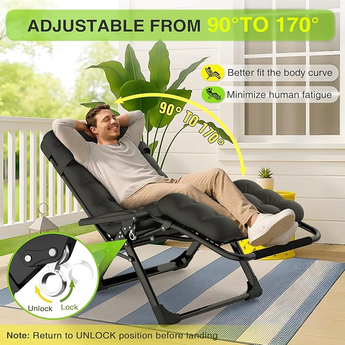Suteck Zero Gravity Chair, Reclining Camping Lounge Chair w/Removable Cushion, Upgraded Lock and Cup Holder, Reclining Patio Chairs Folding Recliner for Indoor and Outdoor - Image 4
