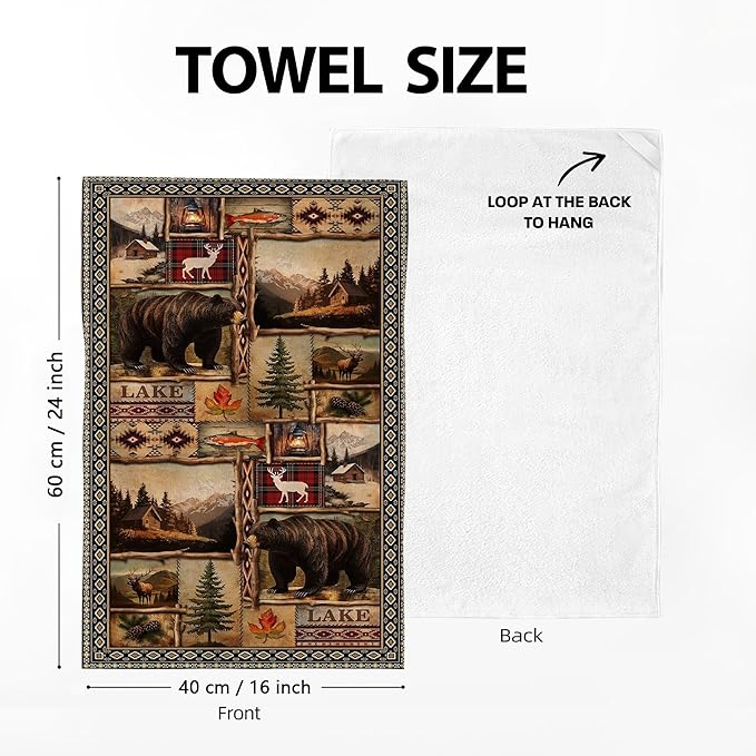 Vintage Rustic Kitchen Towel Set of 4, Lodge Bear Mountain Dish Towels - Image 2