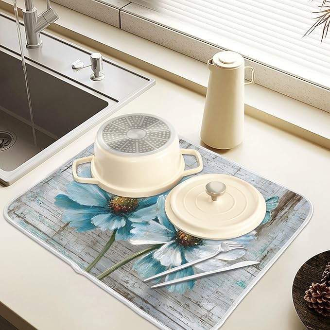 Rustic Teal White Daisy on Vintage Wooden Dish Drying Mat - Image 5