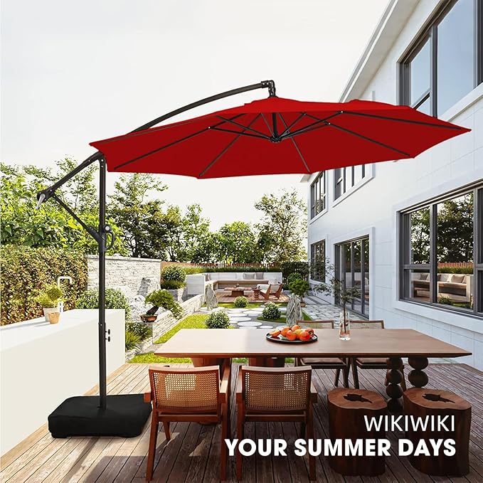 wikiwiki 10ft Patio Umbrella with Base Included, Outdoor Offset Cantilever Umbrella with Sandbag Base for Backyard, Garden and Pool, Easy to Tilt and Crank, Red - Image 8