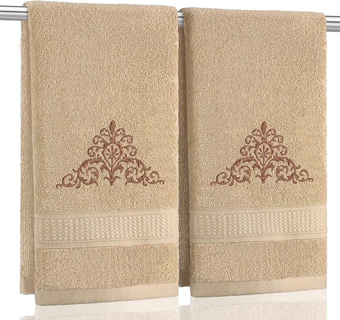 2 Pcs Damascus Hand Towels Brown Farmhouse Bathroom Decor 14x29 Inch by SmoothNovelty