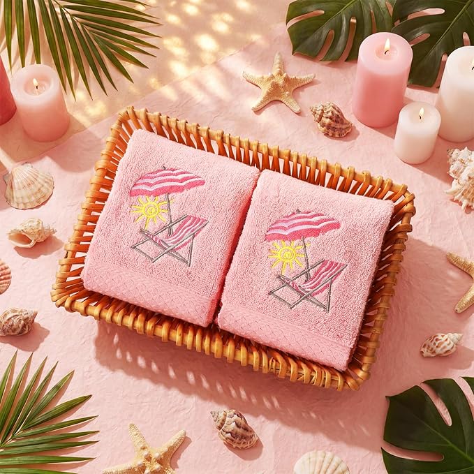 2 Pcs Beach Chair Hand Towels Pink Bathroom Decor 14x29 Inch Embroidered 100% - Image 3