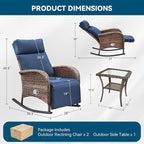 3 Pieces Zero Gravity Wicker Patio Rocking Recliner Chairs Set of 2 - Wicker Outdoor Lounge Chair with Side Table, Adjustable Backrest & Footrest, High Back Outdoor Recliner Chair for Pool Deck Blue - Image 2