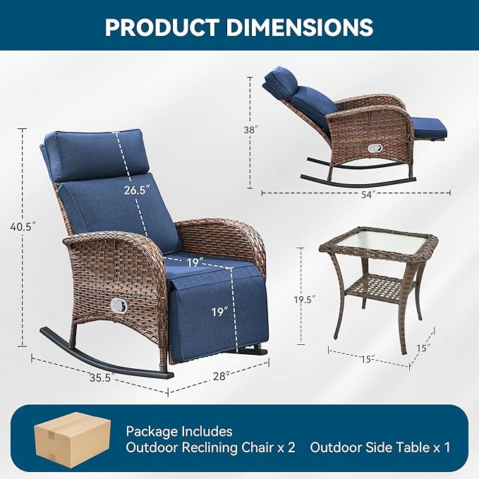 3 Pieces Zero Gravity Wicker Patio Rocking Recliner Chairs Set of 2 - Wicker Outdoor Lounge Chair with Side Table, Adjustable Backrest & Footrest, High Back Outdoor Recliner Chair for Pool Deck Blue - Image 2