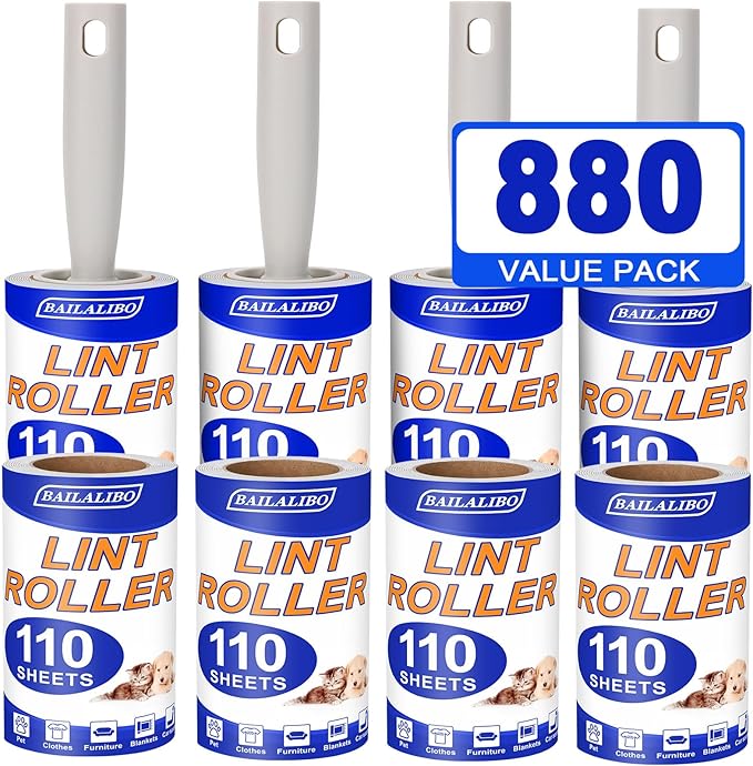 Lint Rollers for Pet Hair Extra Sticky, 880 Sheets Mega Value Set for Clothes by BAILALIBO