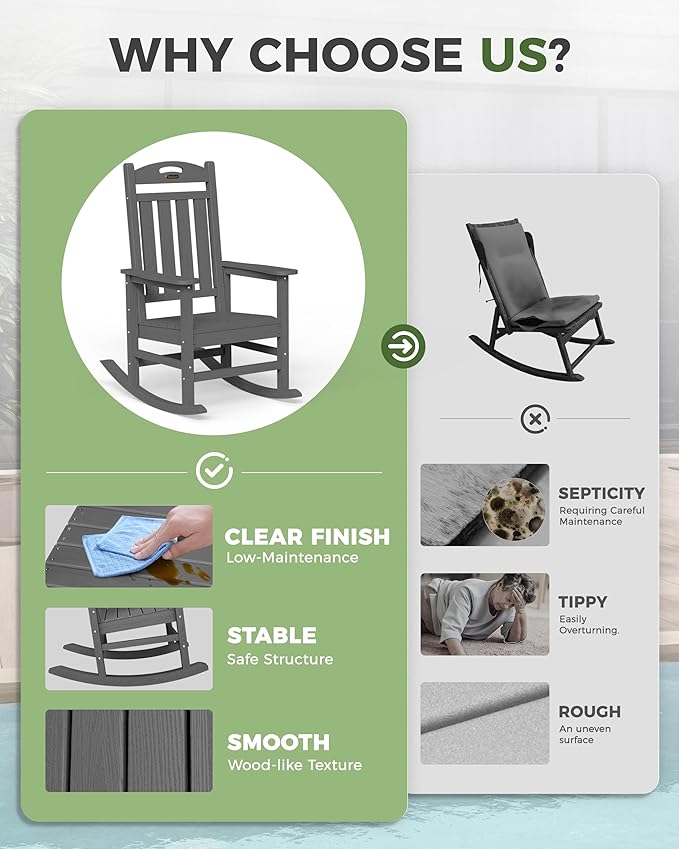 Oversized Outdoor Rocking Chairs Set of 4, High Back Porch Rocker Chair, HDPE All Weather Resistant Rocking Chairs for Patio, 380lbs Weight Capacity, Dark Grey - Image 8