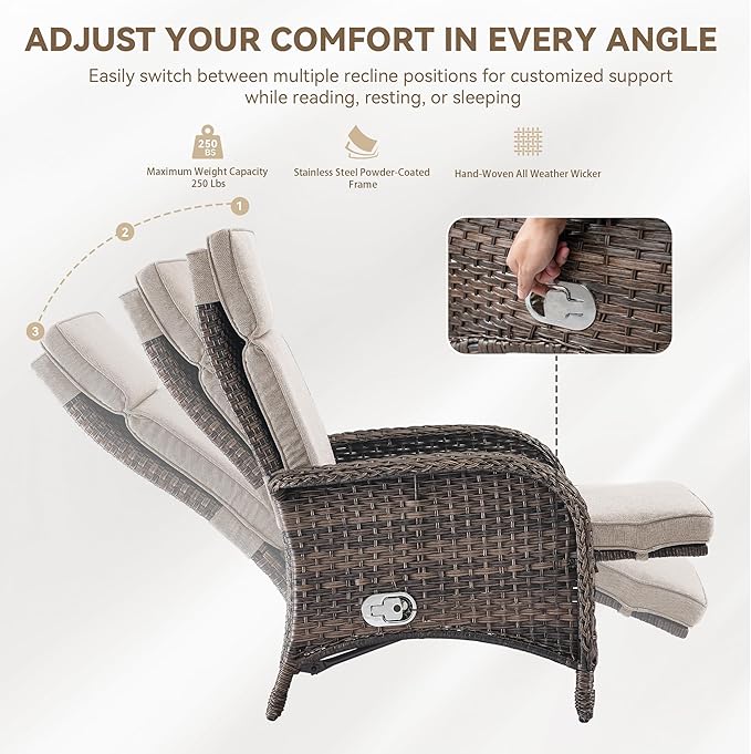 3 Pieces Zero Gravity Wicker Patio Recliner Chairs Set of 2 - Wicker Outdoor Lounge Chair with Side Table, Adjustable Backrest & Footrest, High Back Outdoor Recliner Chair for Pool Deck Beige - Image 6