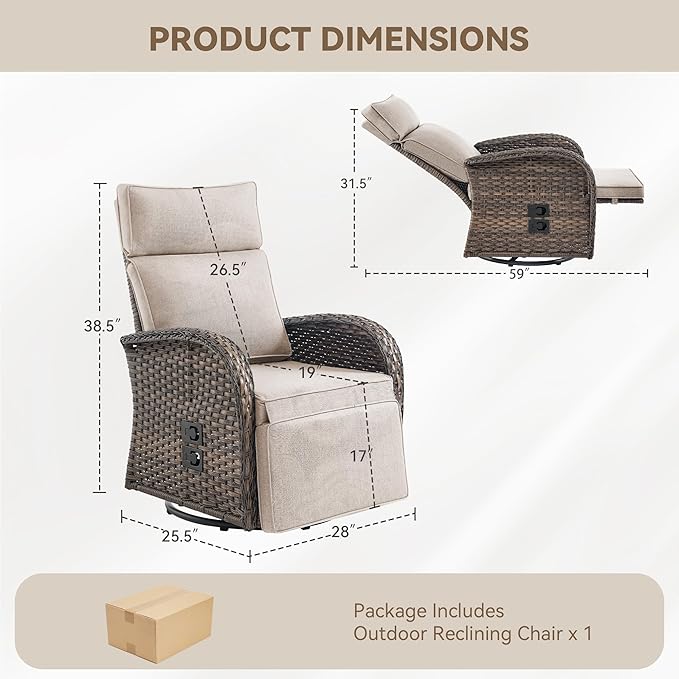 Zero Gravity Patio Swivel Rocking Recliner Chair - Wicker Outdoor Lounge Chair with Adjustable Backrest & Footrest, All Weather Reclining Rocker Chairs with Thick Cushion for Pool Deck Beige - Image 2