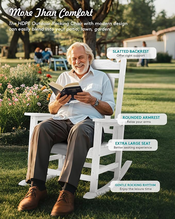 SERWALL Outdoor Rocking Chair Set of 6, Patio Rocking Chair Sets, HDPE Rocking Chair for Adults, White - Image 3