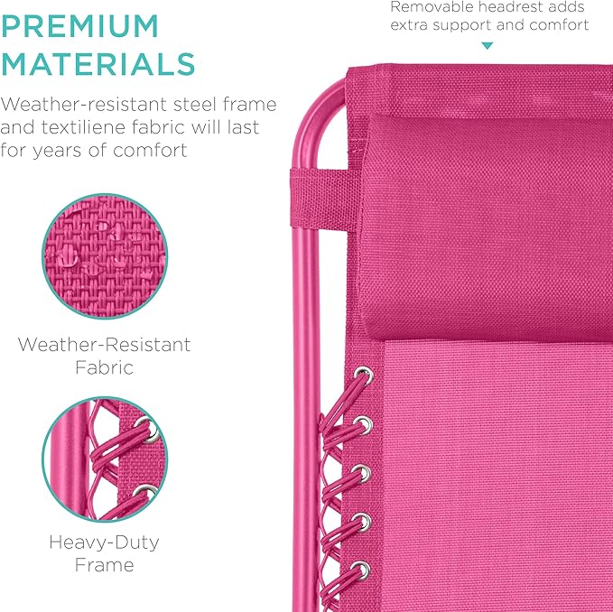 Best Choice Products Set of 2 Adjustable Steel Mesh Zero Gravity Lounge Chair Recliners w/Pillows and Cup Holder Trays - Hot Pink - Image 6