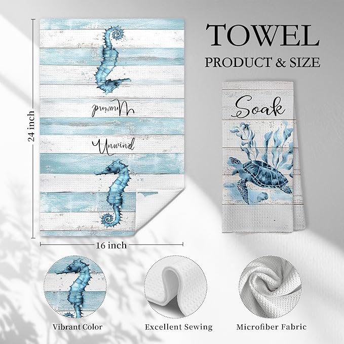 Rustic Coastal Beach Hand Towels, Sea Horse Jellyfish Turtle Starfish Unwind - Image 2
