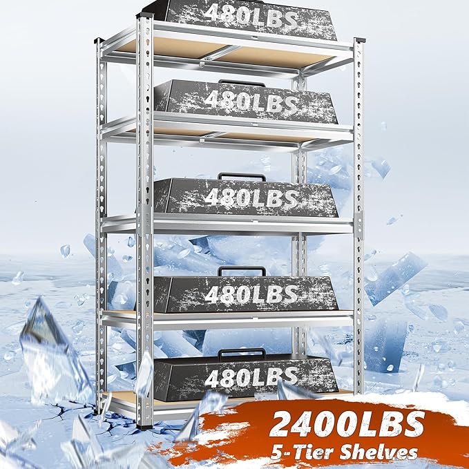 REIBII Garage Shelving, 5 Tier Storage Shelves Load 2400LBS, Adjustable Garage Shelves Heavy Duty, Metal Shelving Unit with Waterproof Columns for Warehouse, 35.5" W x 11.9" D x 72" H, Galvanized - Image 4