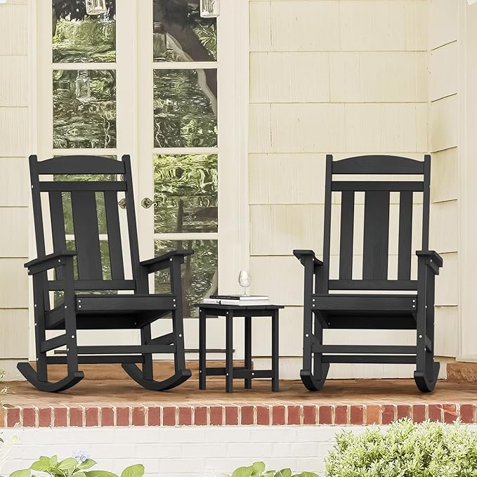 LUE BONA Outdoor Rocking Chairs Set, 3-Piece, HDPS Poly Porch Rockers with Table, Plastic Weather Resistant Rocking Chair Set for Outdoor Indoor, Garden, Backyard, 350lb, Black Chairs+Table - Image 2