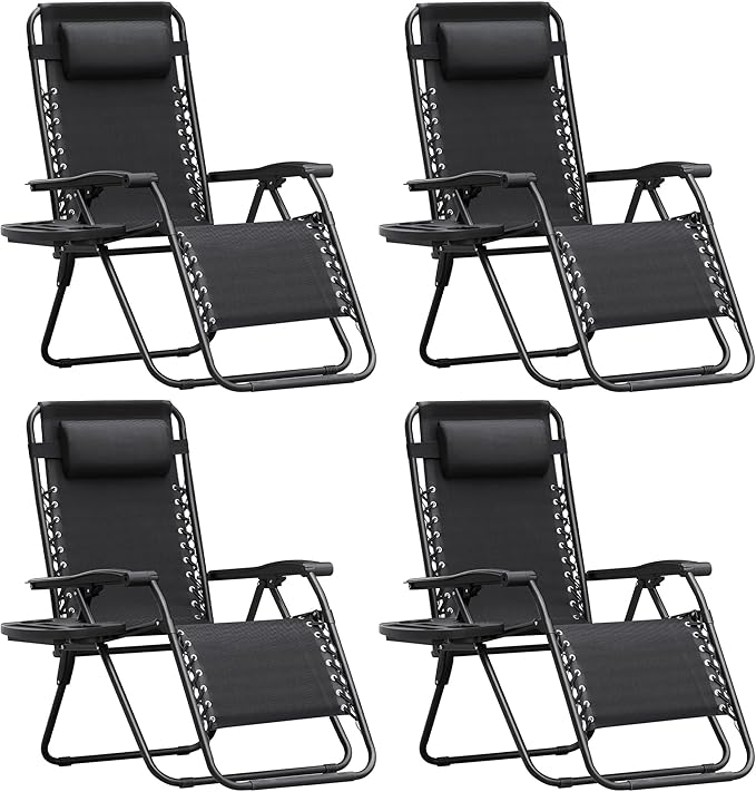 Homall Zero Gravity Chair Patio Folding Lawn Outdoor Lounge Gravity Camp Reclining Lounge Chair with Cup Holder Pillows for Poolside Backyard and Beach Set of 4 (Black) by Homall