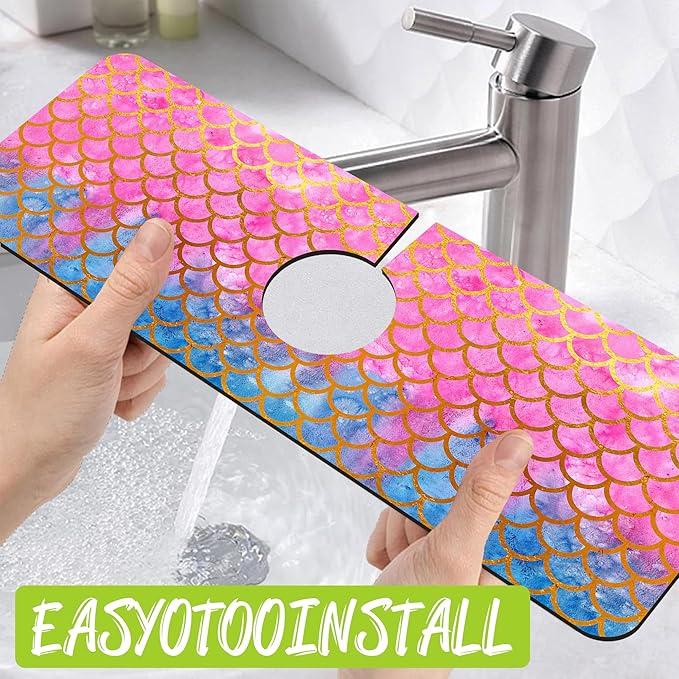 Sink Splash Guard Faucet Mat Watercolor Fish Scales Absorbent Fast Drying Mat - Image 4