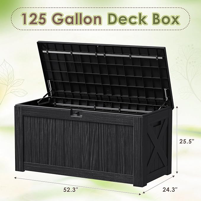 Devoko 125 Gallon Outdoor Storage Box, Waterproof Resin Deck Box for Patio Furniture, Lockable Container for Garden Cushions & Pool Supplies (Black, 125 Gallon) - Image 7