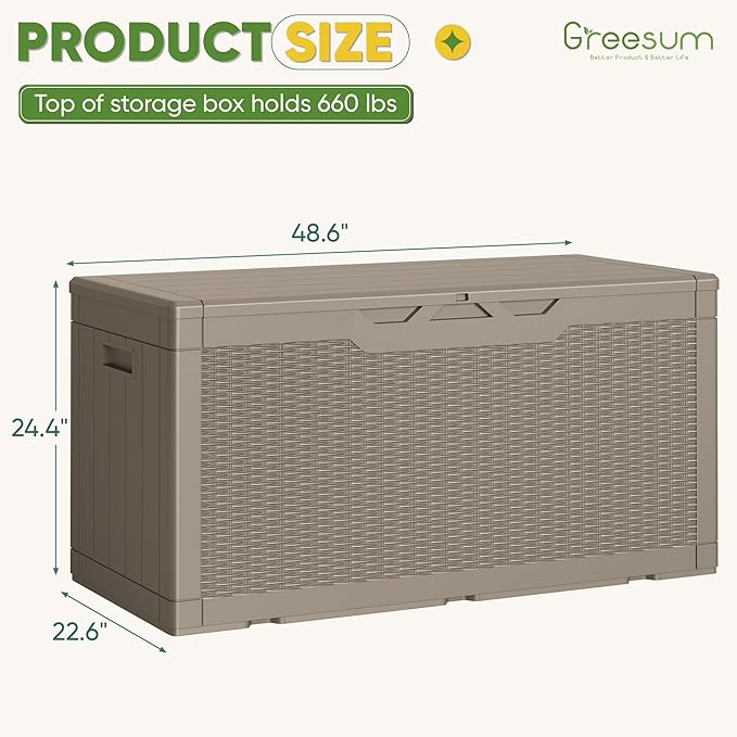 Greesum Outdoor Storage Box 100 Gallon Storage Bin with Lid for Patio Furniture, Garden Tools, Pool Supplies, Lockable, Waterproof and UV Resistant, Light Coffee - Image 8