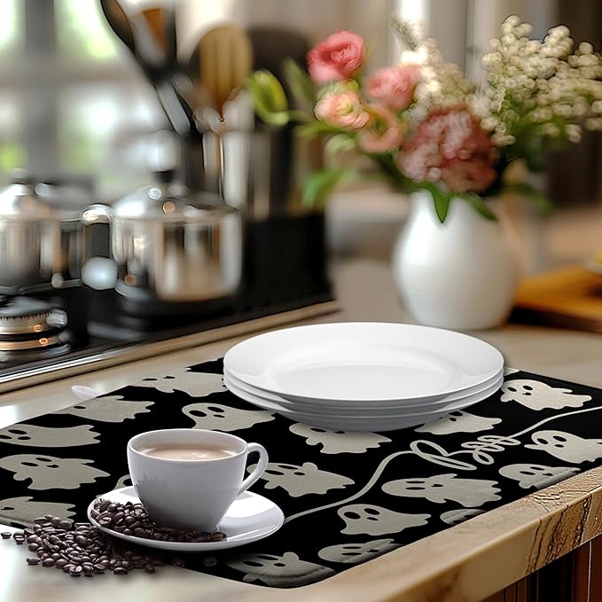 Halloween Ghosts Dish Drying Mat Black and White Large Kitchen Mats Dish Drying - Image 6
